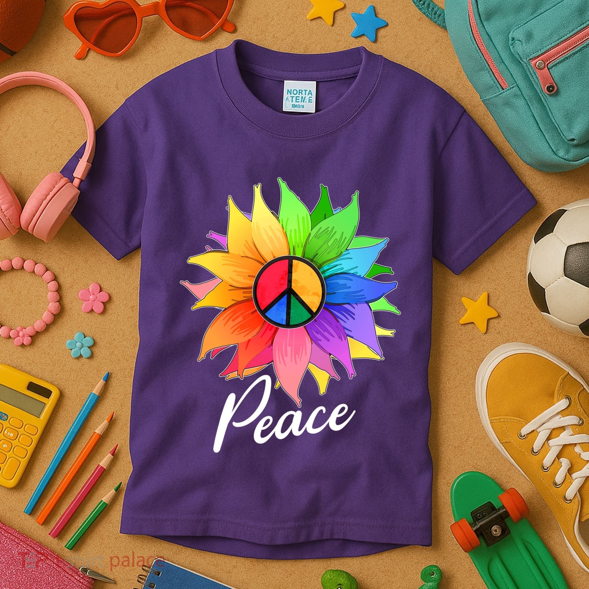 Cute Rainbow Peace Symbol Flower Kids T-Shirt