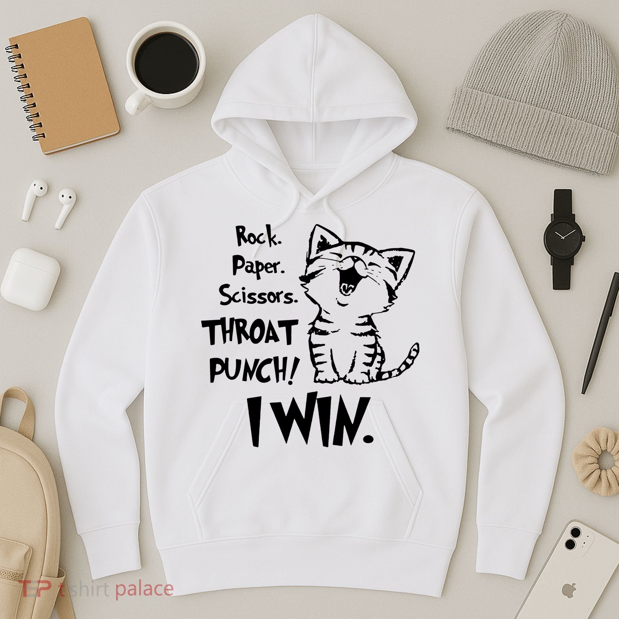 Cat Rock Paper Scissors Throat Punch I Win Hoodie