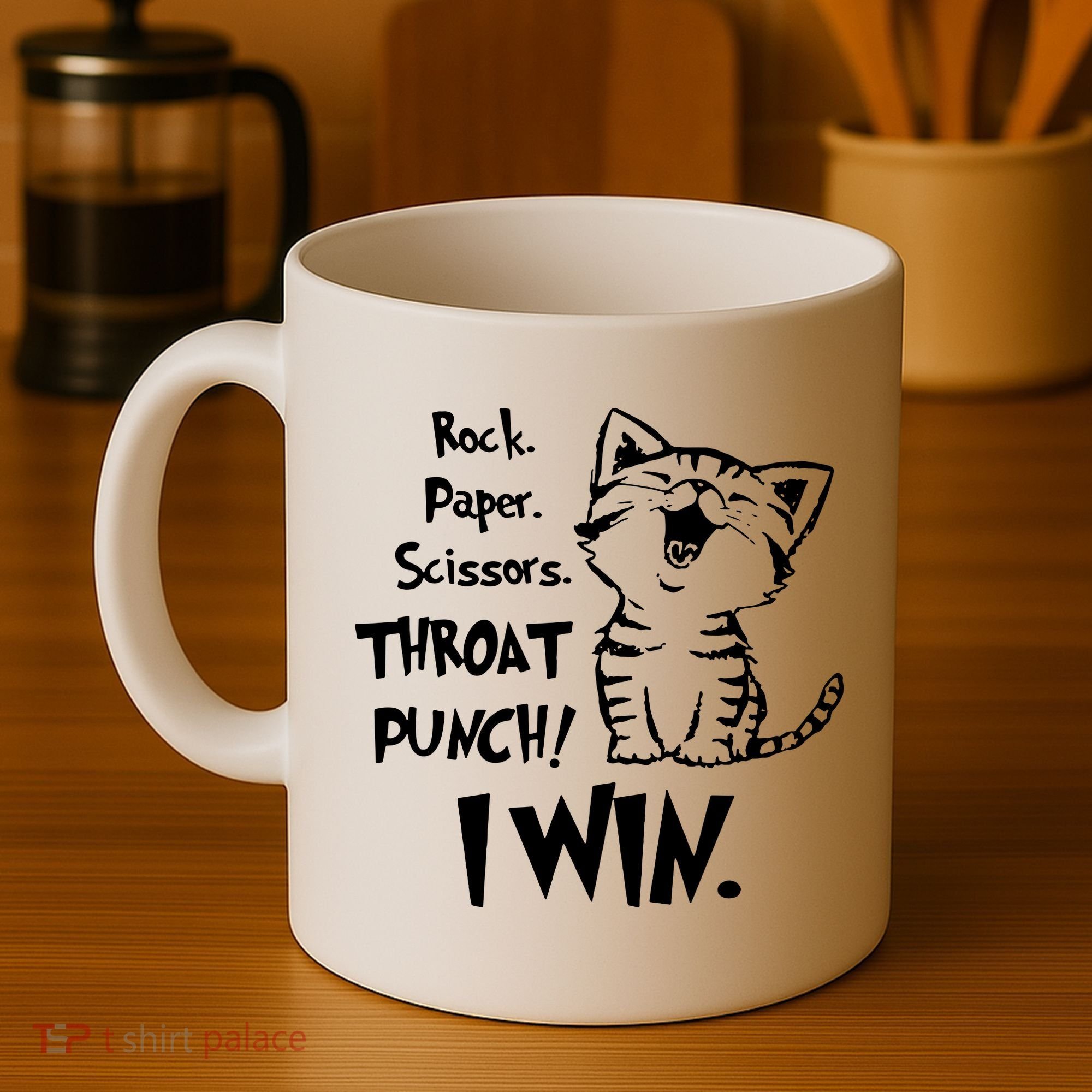 Cat Rock Paper Scissors Throat Punch I Win Coffee Mug