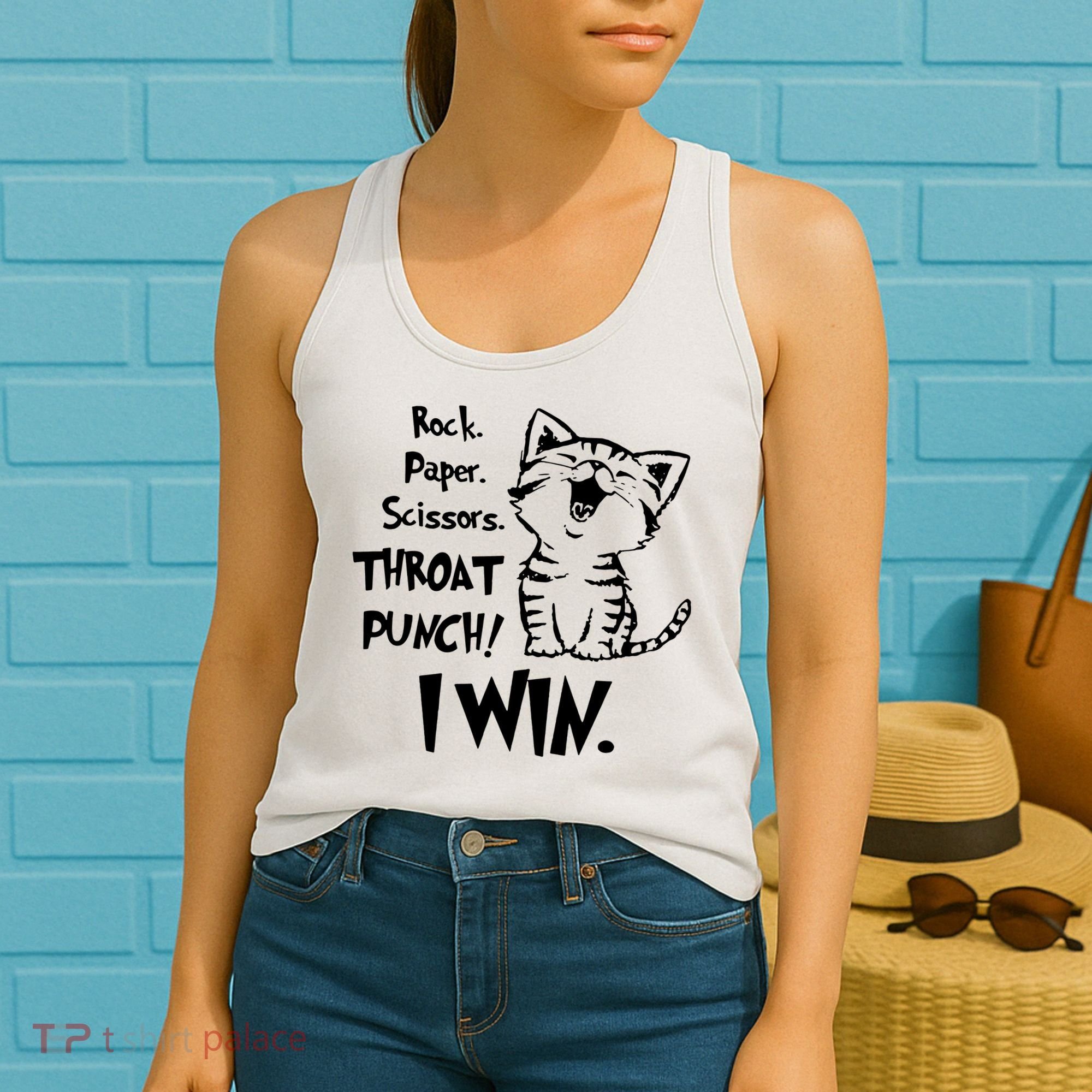 Cat Rock Paper Scissors Throat Punch I Win Women's Tank Top