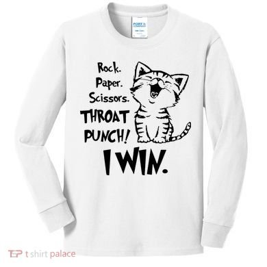 Cat Rock Paper Scissors Throat Punch I Win Kids Long Sleeve Shirt