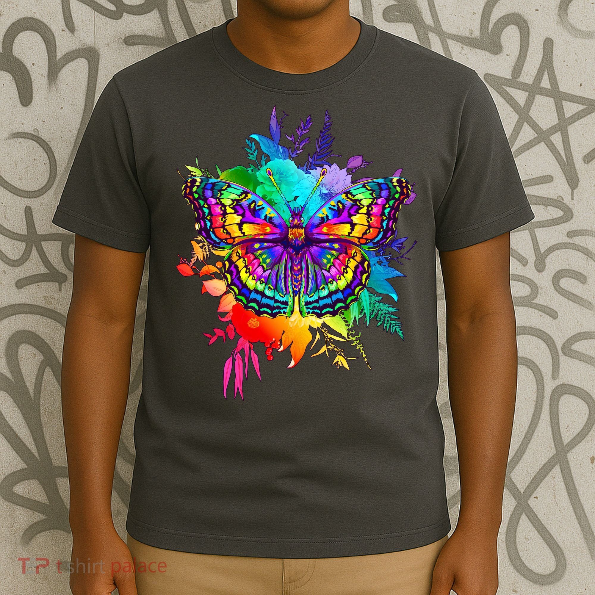 Colorful Rainbow Painted Butterfly Flowers T-Shirt
