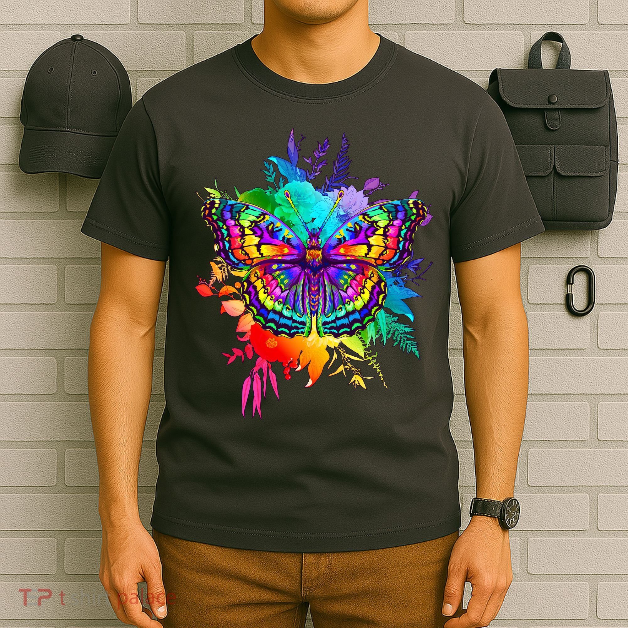 Colorful Rainbow Painted Butterfly Flowers T-Shirt