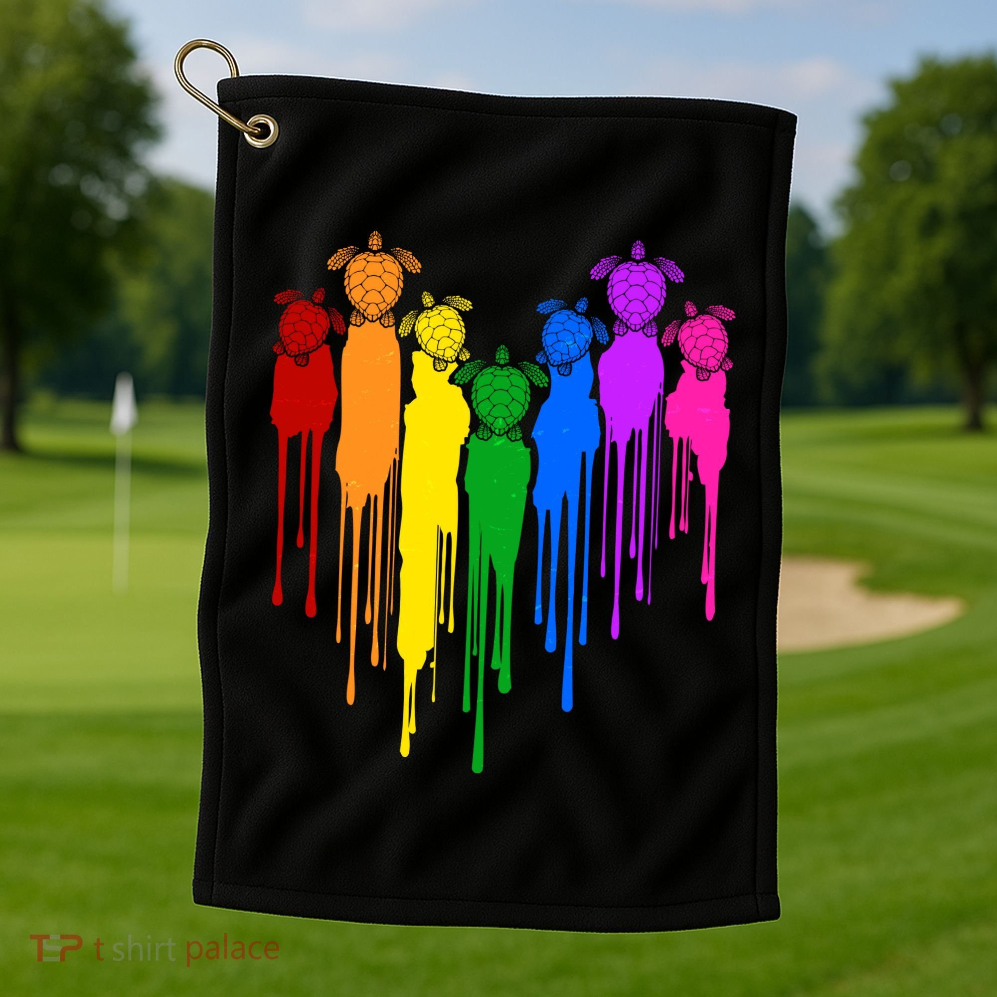 Cute Rainbow Painted Turtles Heart Golf Towel
