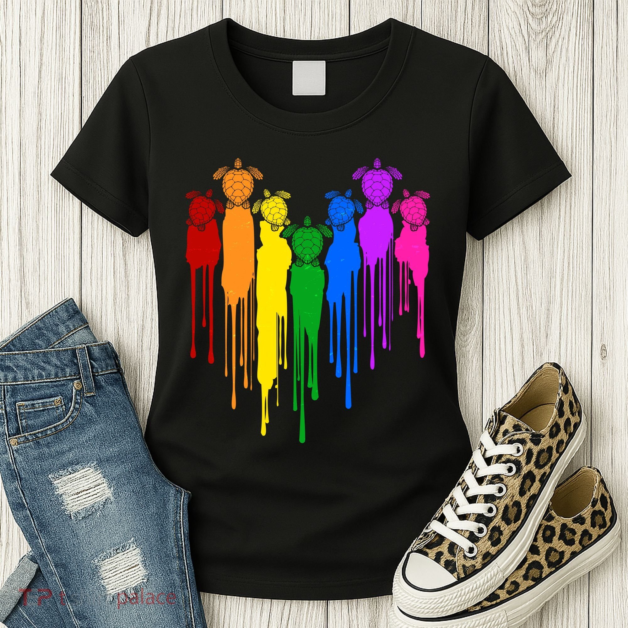 Cute Rainbow Painted Turtles Heart Women's T-Shirt