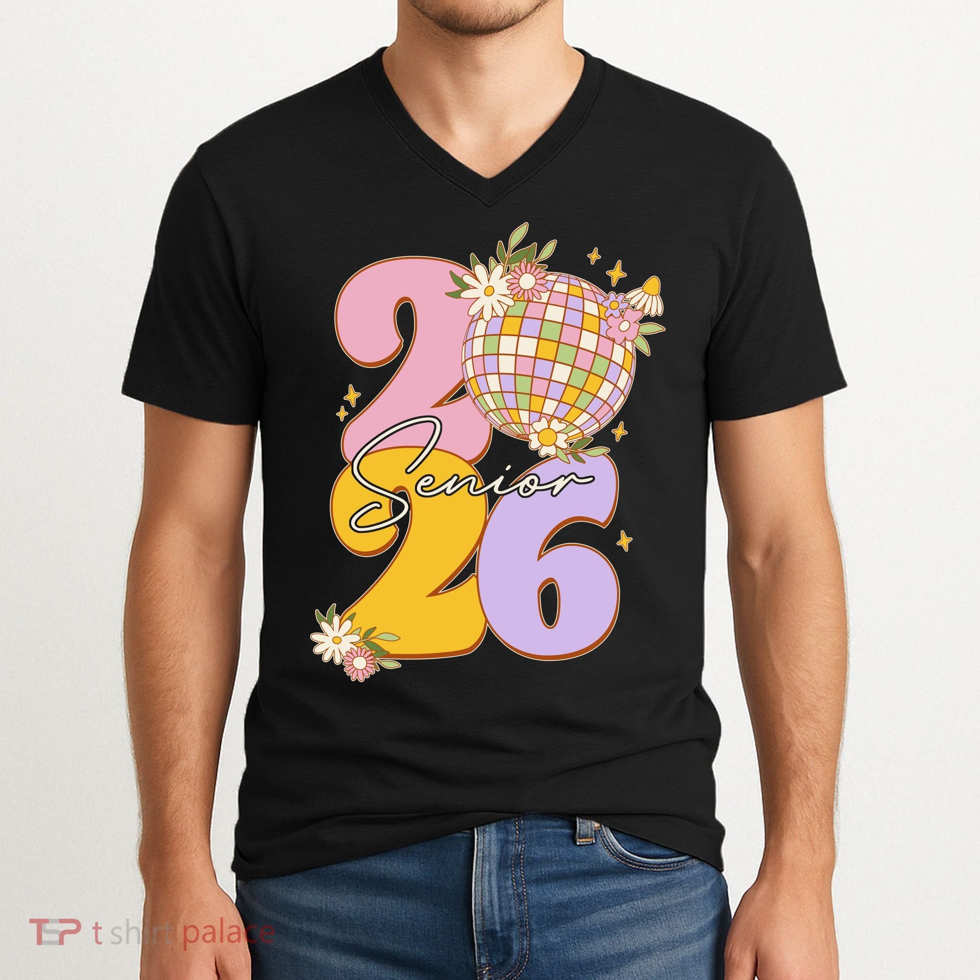Cute Retro Senior 2026 Disco Ball Flowers Graduate Graduation V-Neck T-Shirt