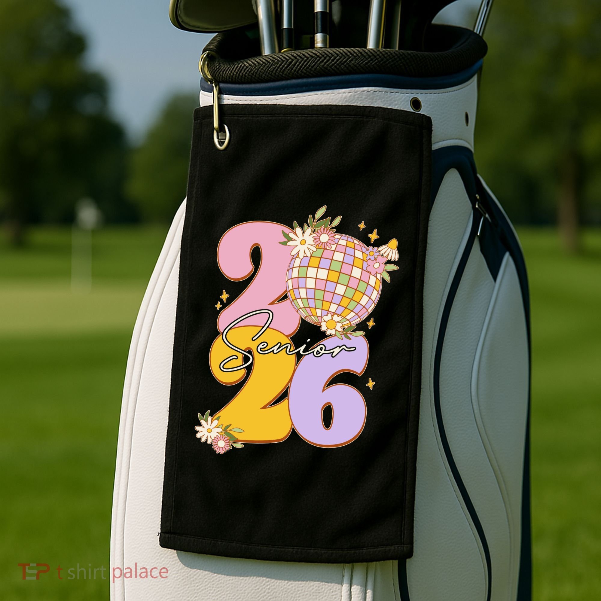 Cute Retro Senior 2026 Disco Ball Flowers Graduate Graduation Golf Towel