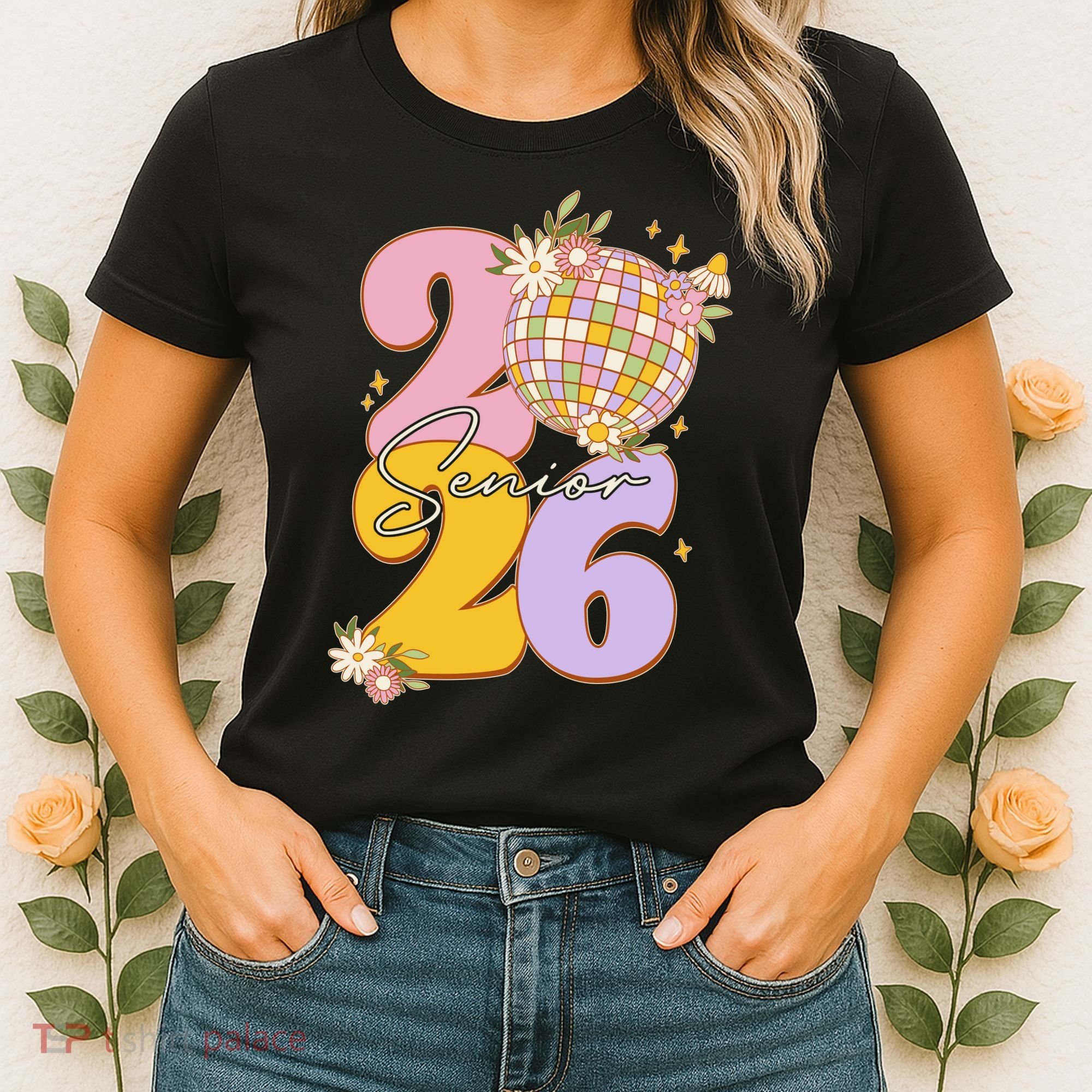 Cute Retro Senior 2026 Disco Ball Flowers Graduate Graduation Women's T-Shirt