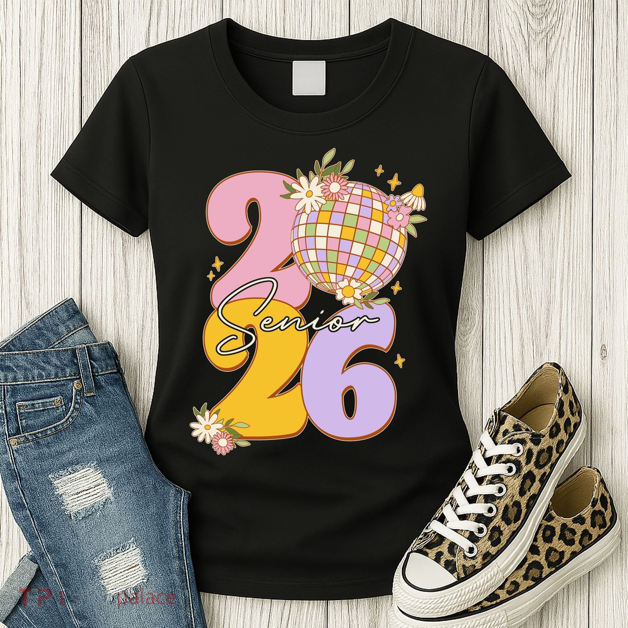 Cute Retro Senior 2026 Disco Ball Flowers Graduate Graduation Women's T-Shirt