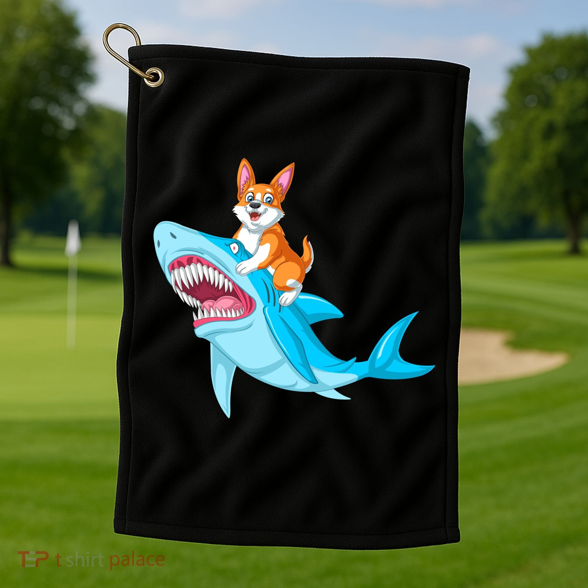 Corgi Riding Shark Golf Towel