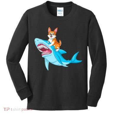 Corgi Riding Shark Kids Long Sleeve Shirt