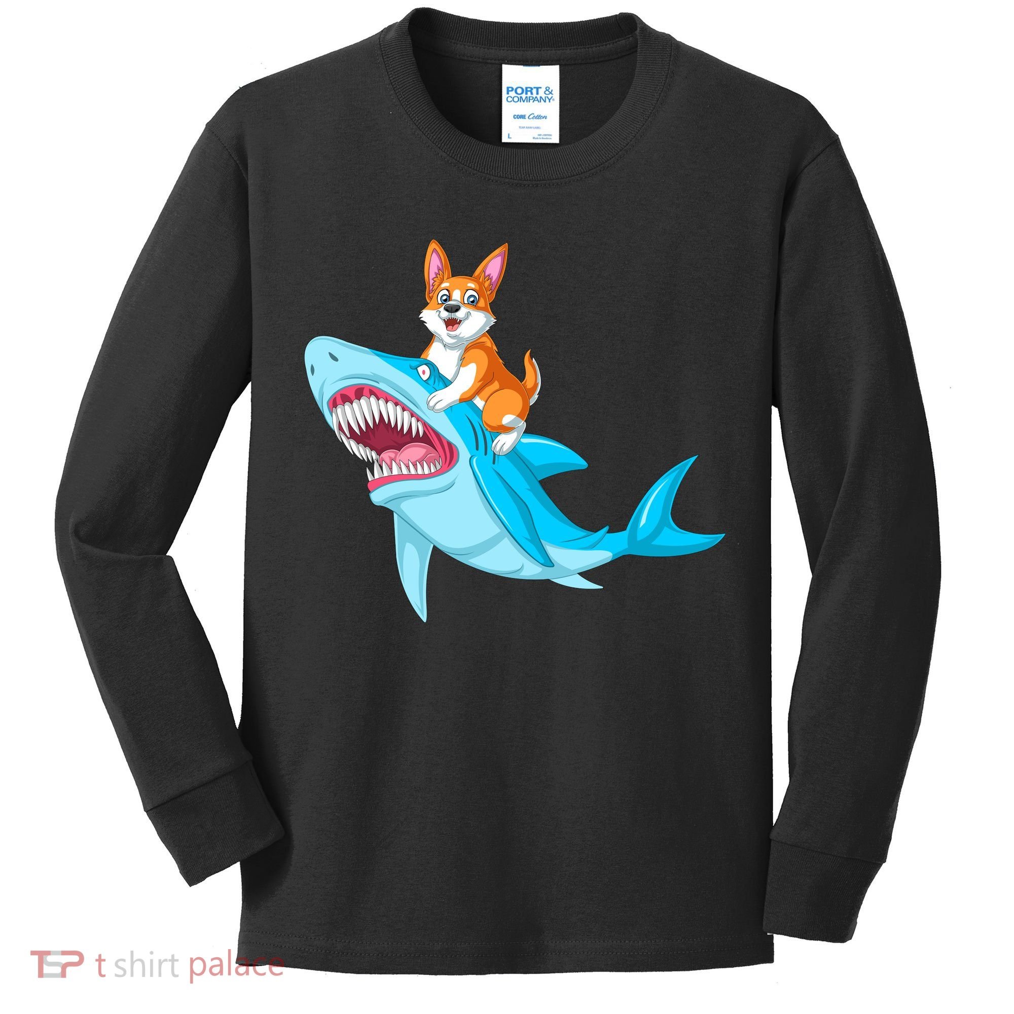 Corgi Riding Shark Kids Long Sleeve Shirt