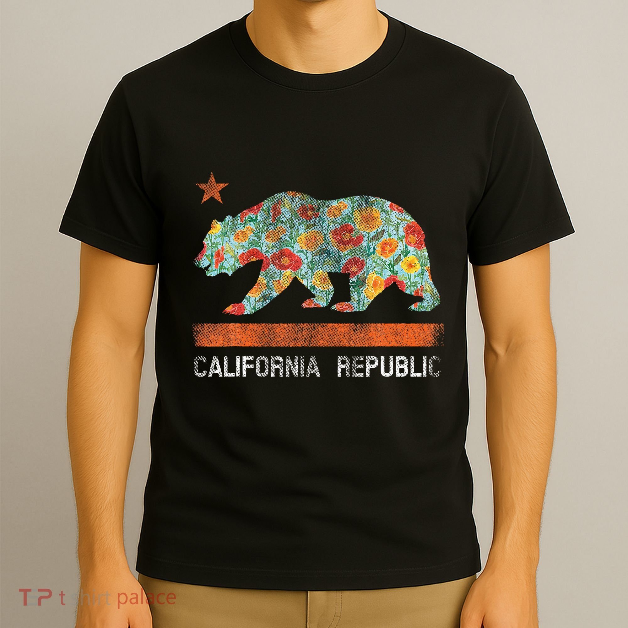 California Republic State Bear Star Poppy Flower La Cali T-Shirt