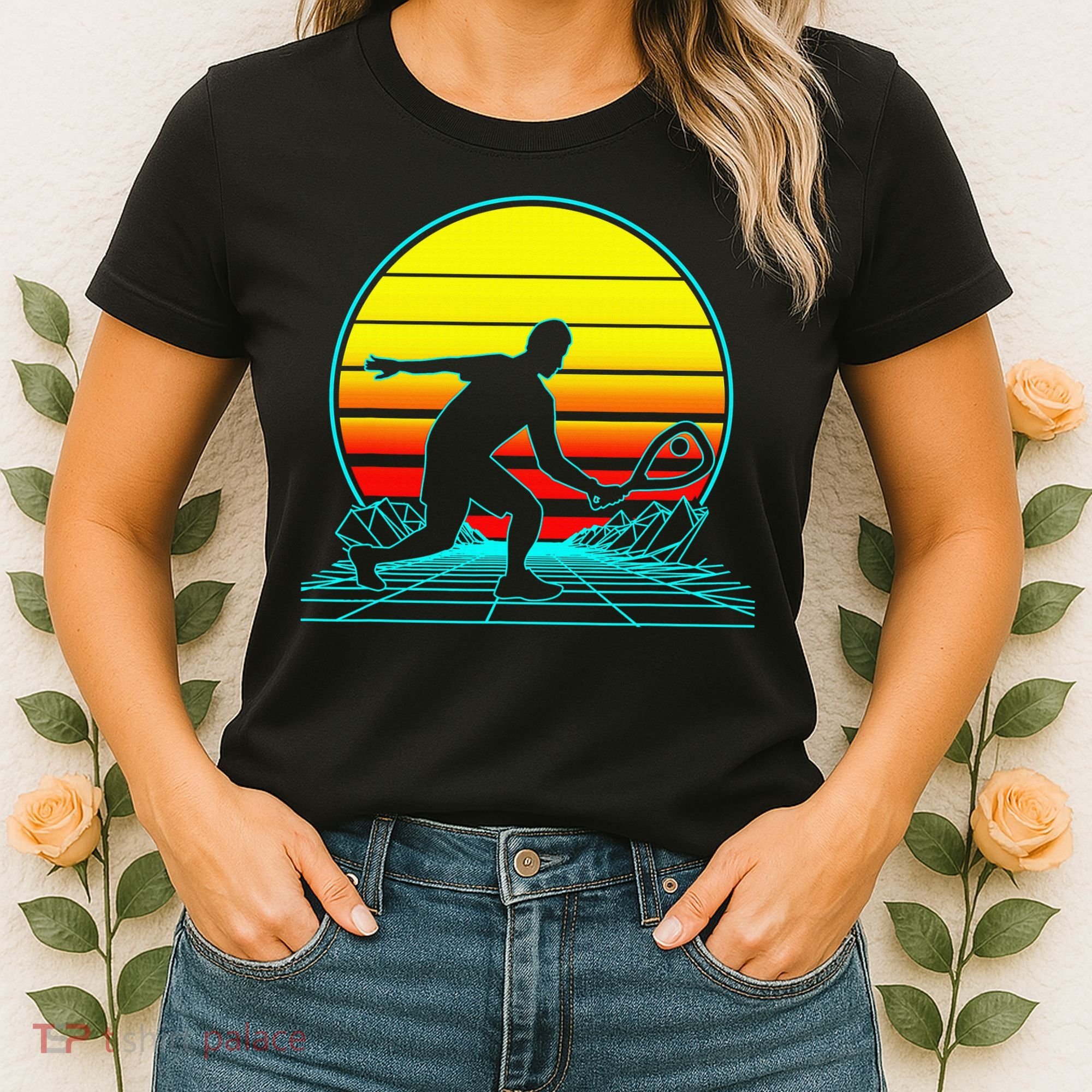 Cool Retro Sunset Vaporwave Racquetball Funny Women's T-Shirt