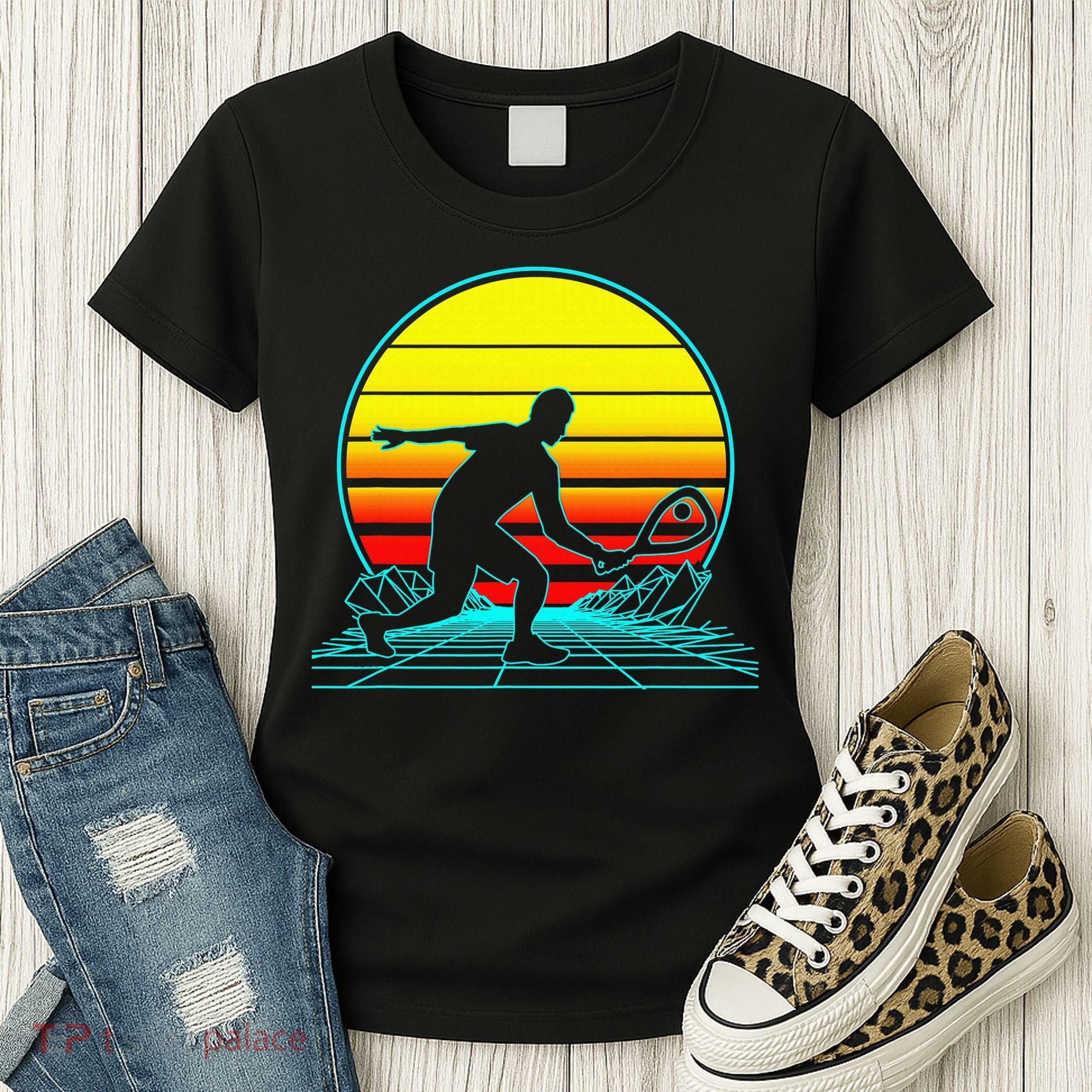 Cool Retro Sunset Vaporwave Racquetball Funny Women's T-Shirt