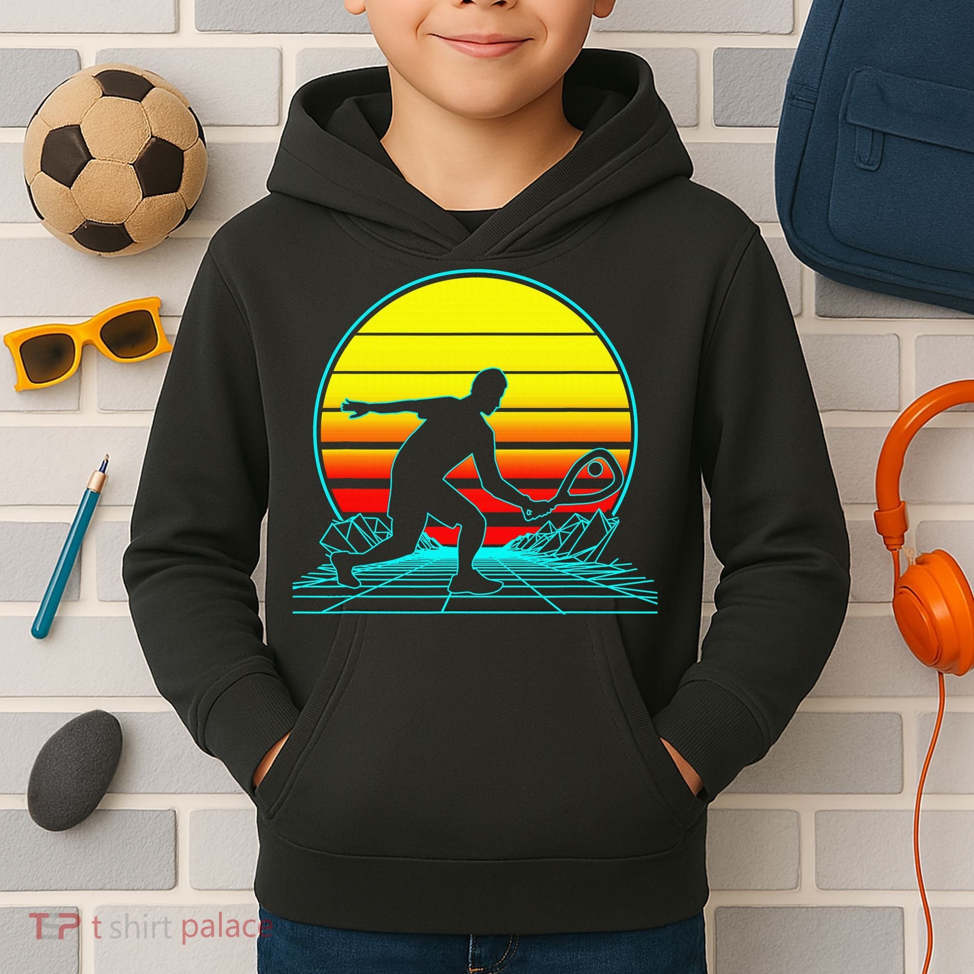 Cool Retro Sunset Vaporwave Racquetball Funny Kids Hoodie