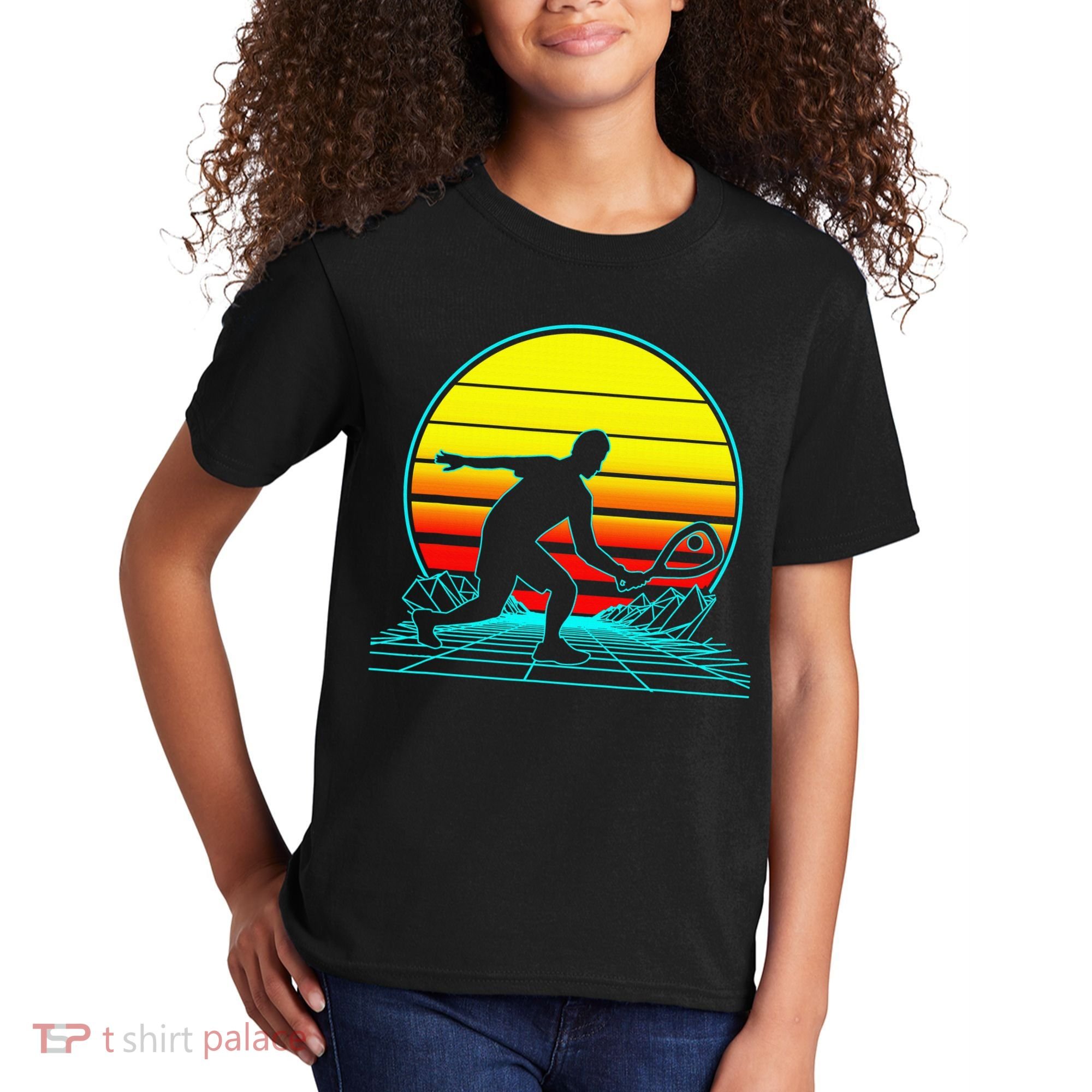 Cool Retro Sunset Vaporwave Racquetball Funny Kids T-Shirt