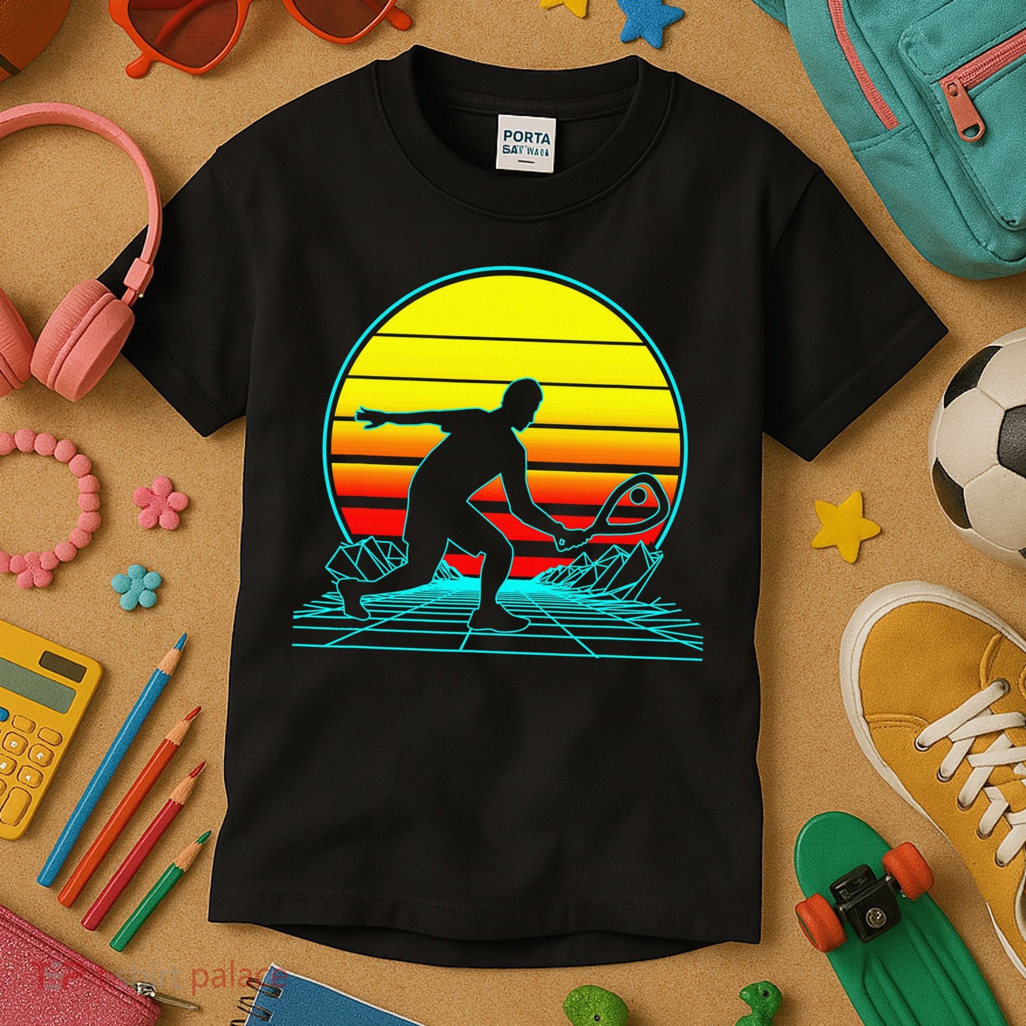 Cool Retro Sunset Vaporwave Racquetball Funny Kids T-Shirt