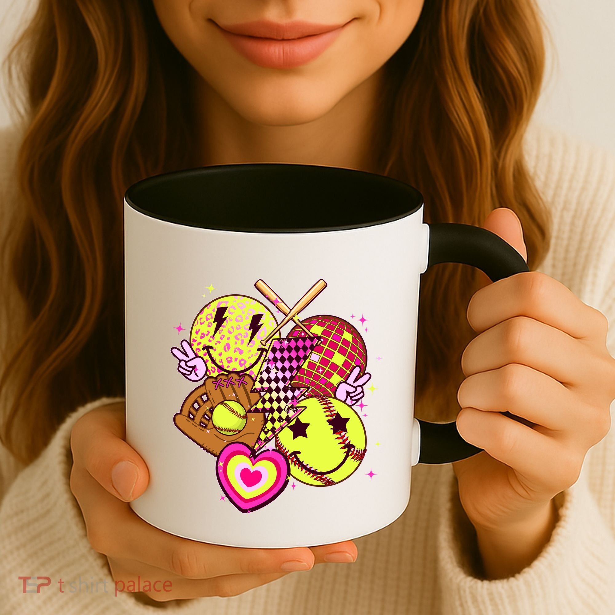 Cute Retro Softball Baseball Smiley Emoji Coffee Mug