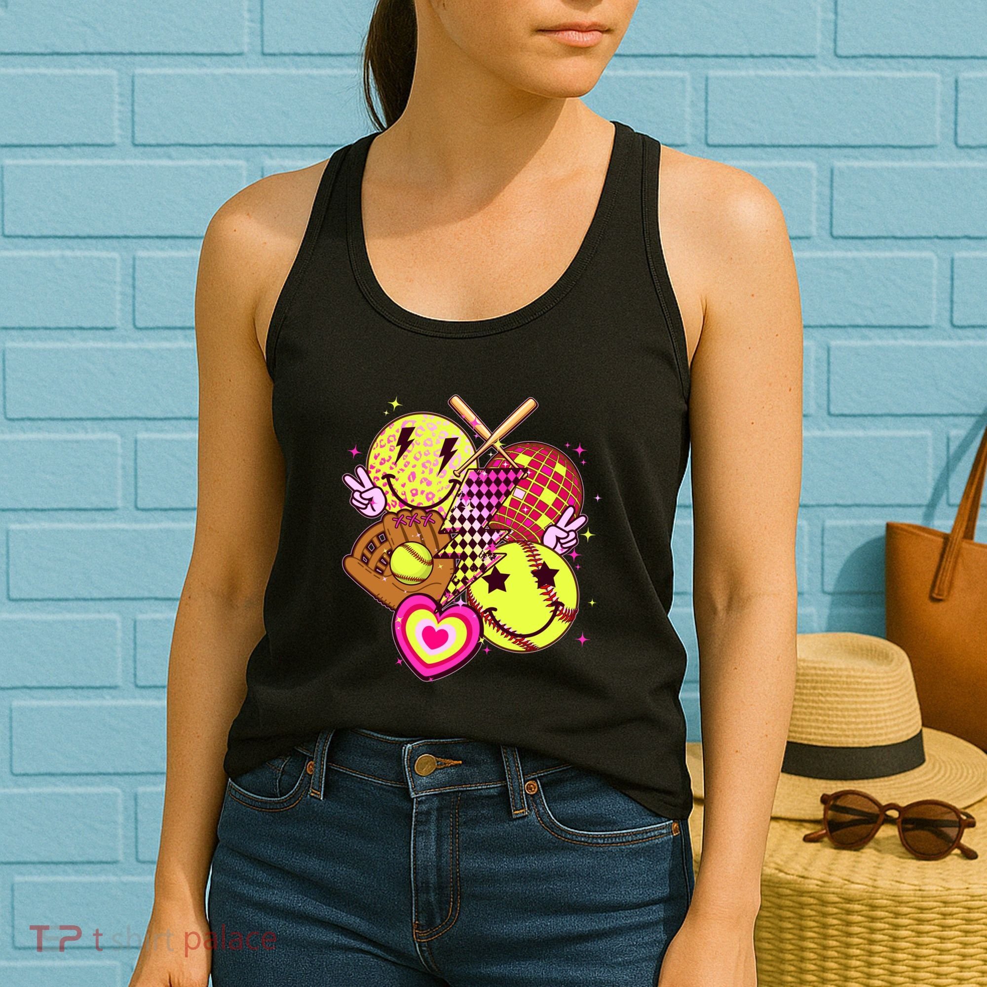 Cute Retro Softball Baseball Smiley Emoji Women's Tank Top