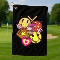 Cute Retro Softball Baseball Smiley Emoji Golf Towel thumb 1