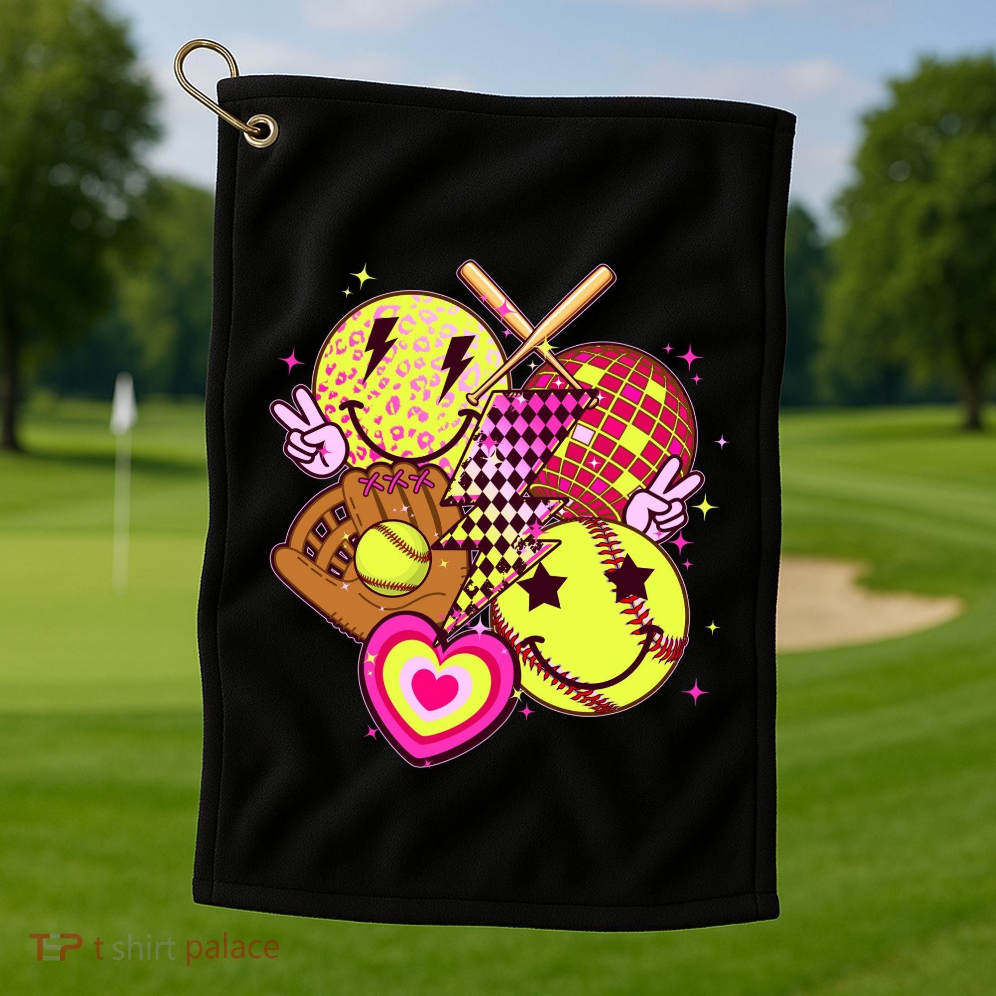 Cute Retro Softball Baseball Smiley Emoji Golf Towel