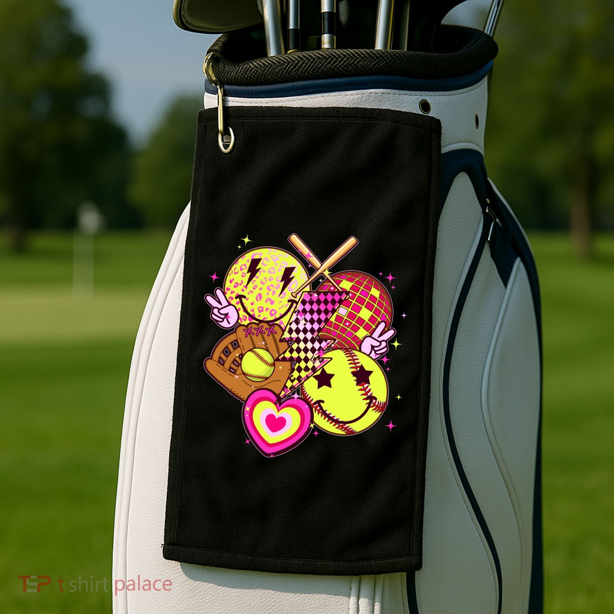 Cute Retro Softball Baseball Smiley Emoji Golf Towel
