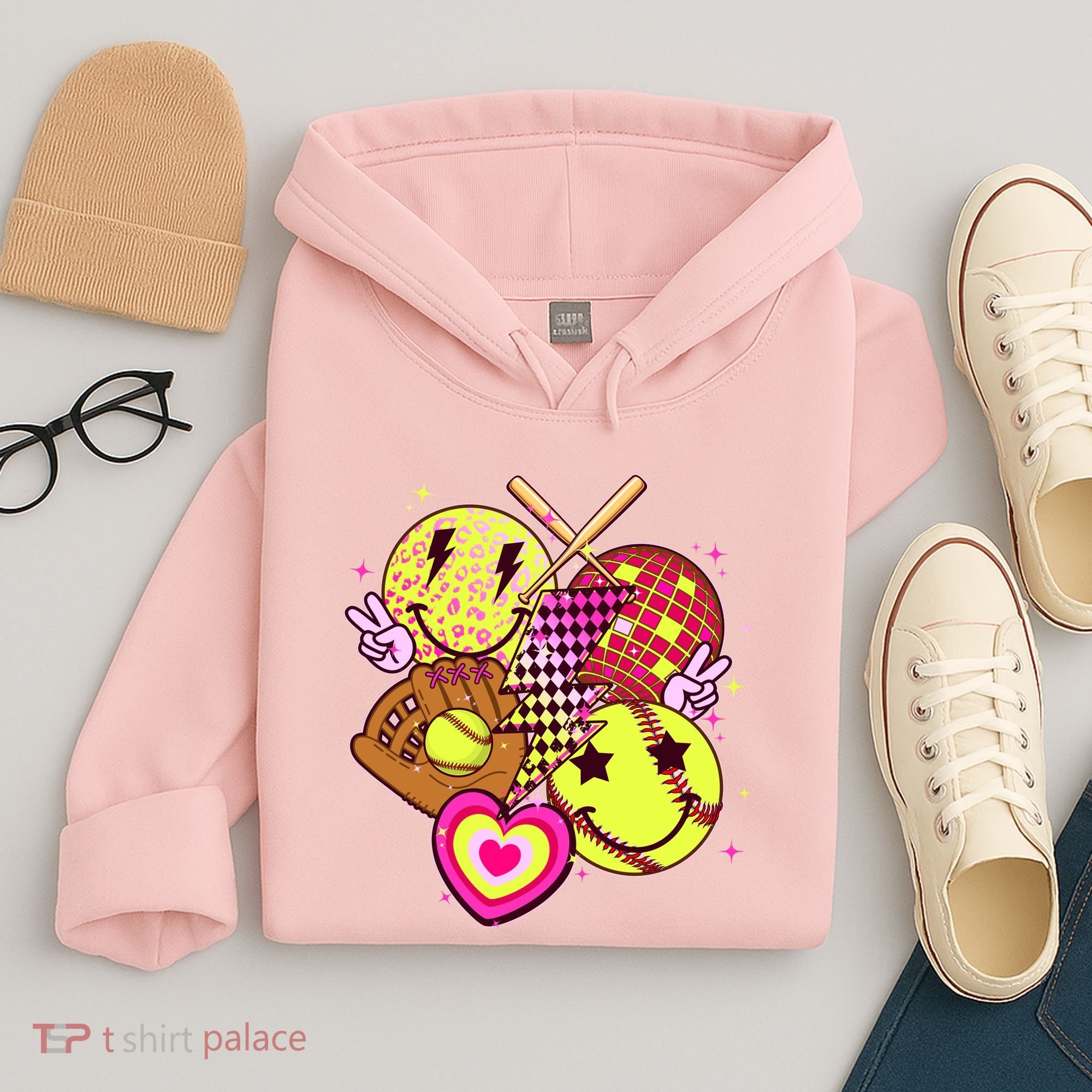 Cute Retro Softball Baseball Smiley Emoji Hoodie