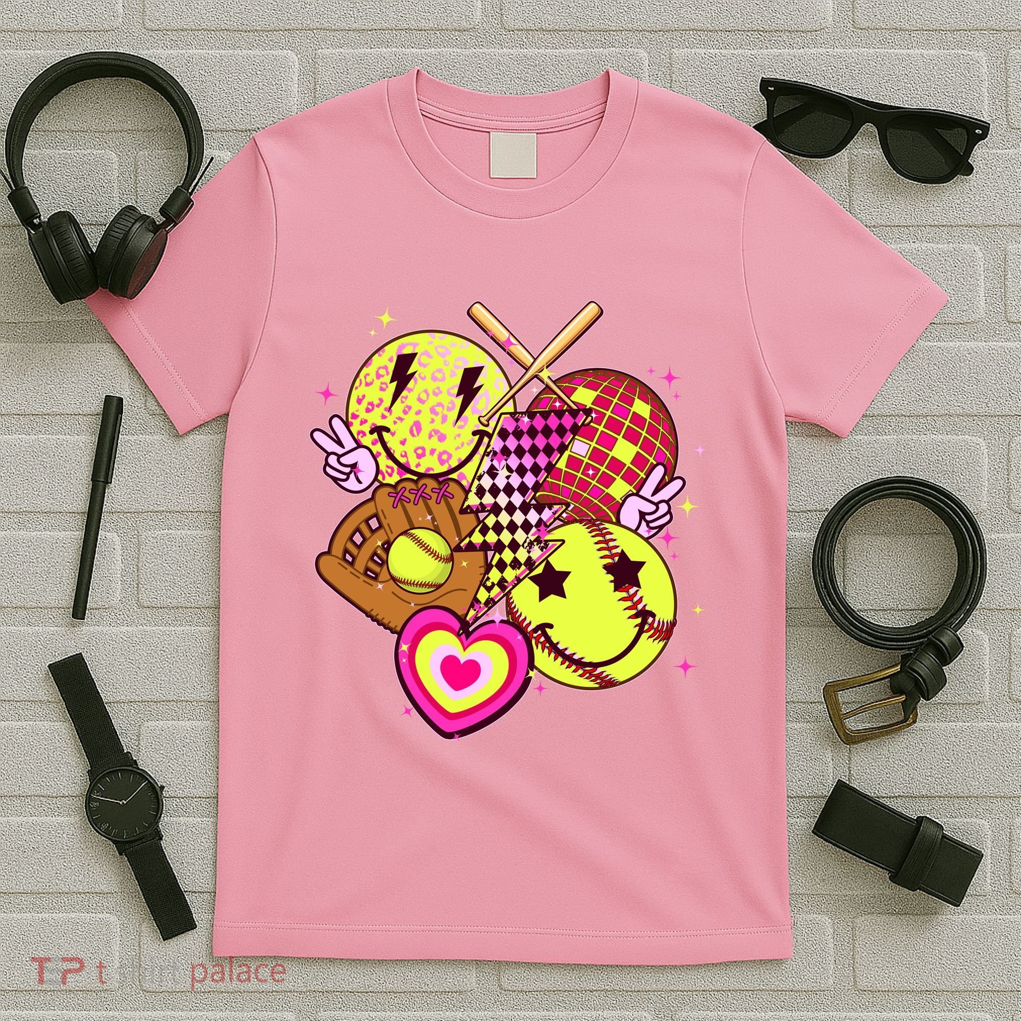 Cute Retro Softball Baseball Smiley Emoji T-Shirt