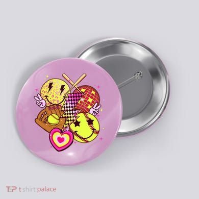 Cute Retro Softball Baseball Smiley Emoji Button