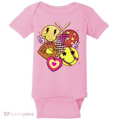 Cute Retro Softball Baseball Smiley Emoji Baby Bodysuit