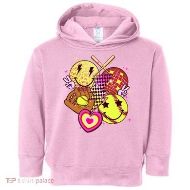 Cute Retro Softball Baseball Smiley Emoji Toddler Hoodie