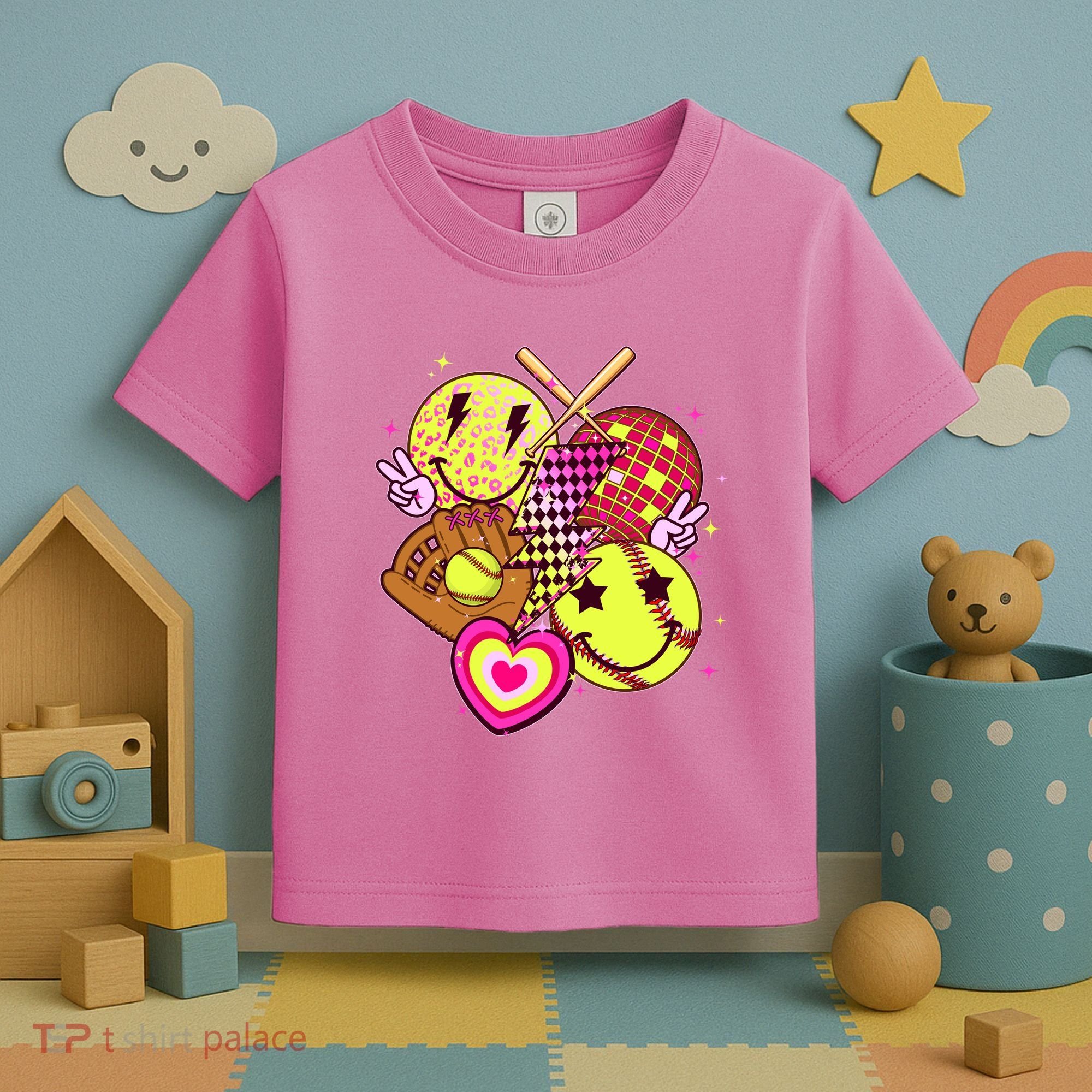 Cute Retro Softball Baseball Smiley Emoji Toddler T-Shirt