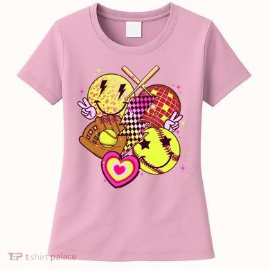 Cute Retro Softball Baseball Smiley Emoji Women's T-Shirt