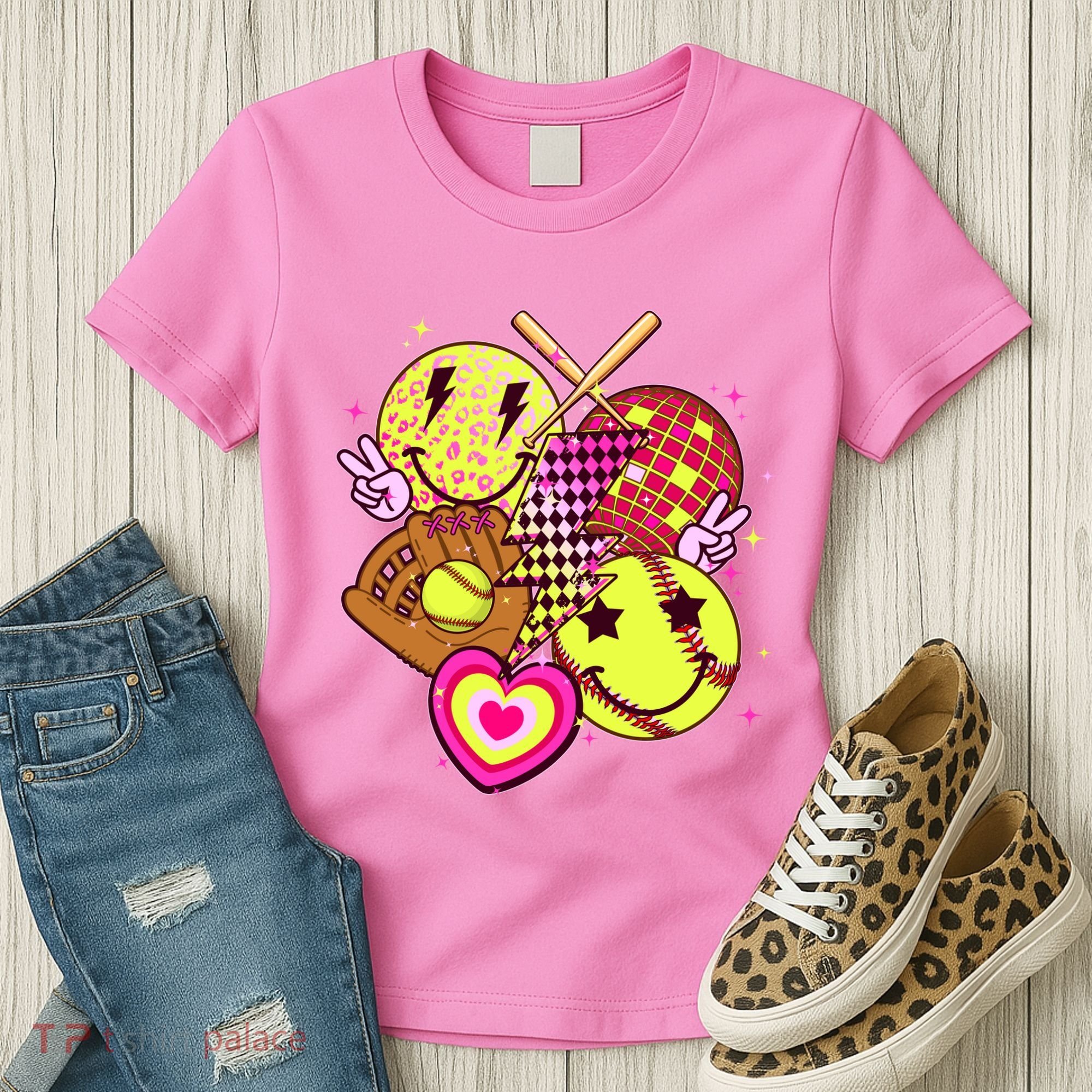 Cute Retro Softball Baseball Smiley Emoji Women's T-Shirt