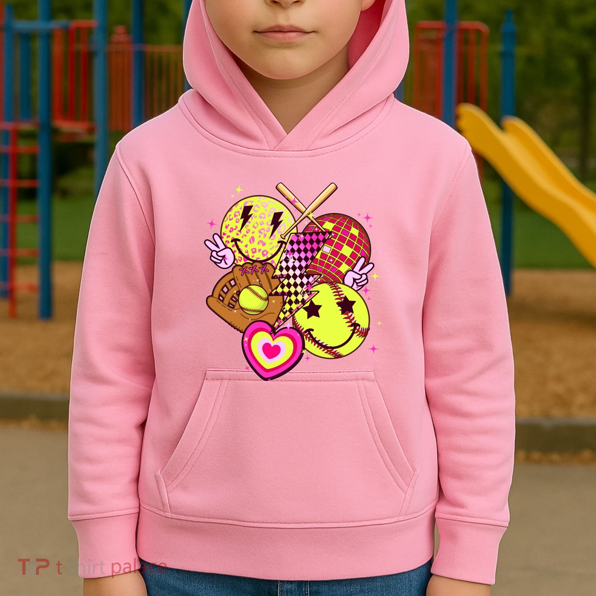 Cute Retro Softball Baseball Smiley Emoji Kids Hoodie