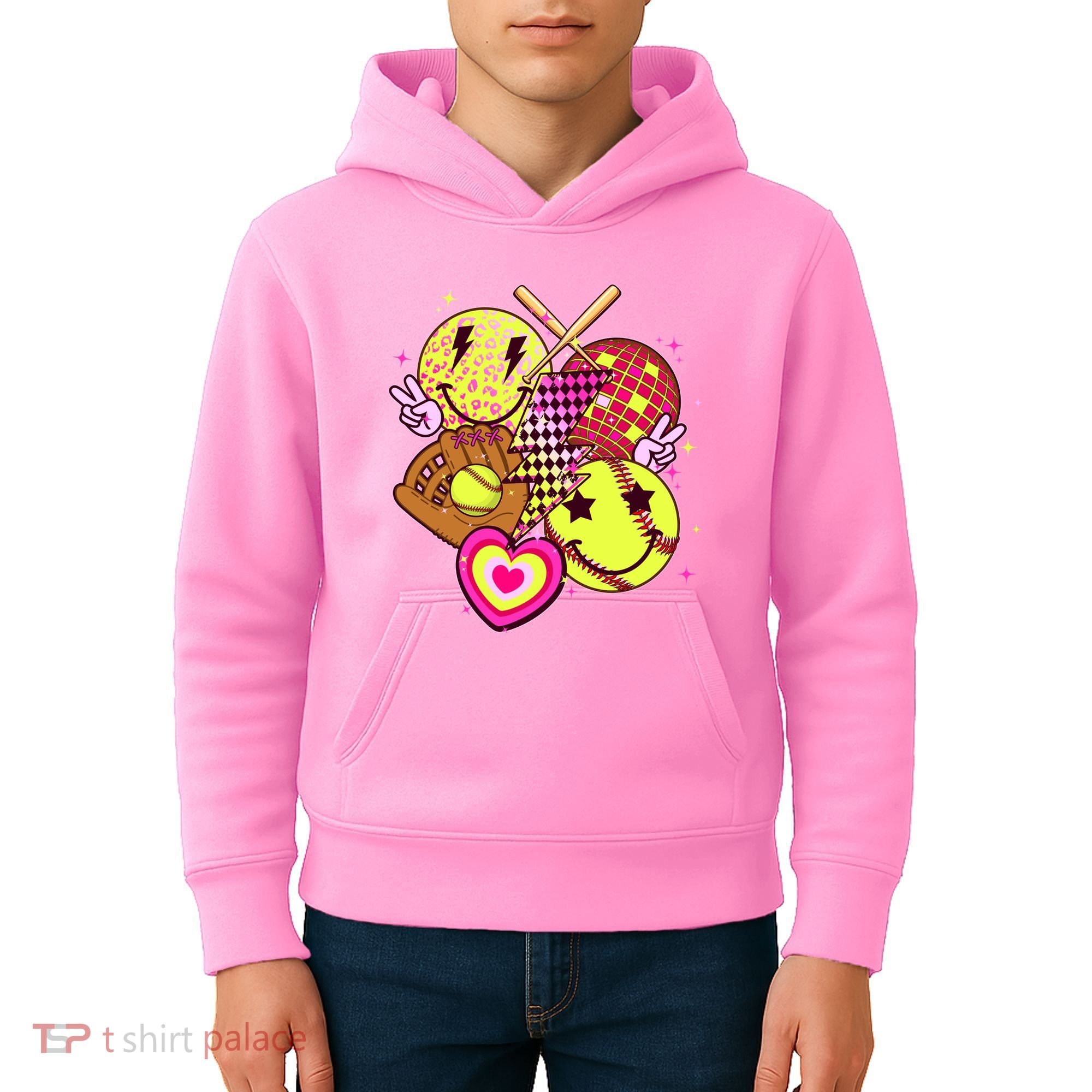 Cute Retro Softball Baseball Smiley Emoji Kids Hoodie