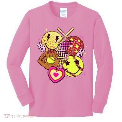 Cute Retro Softball Baseball Smiley Emoji Kids Long Sleeve Shirt