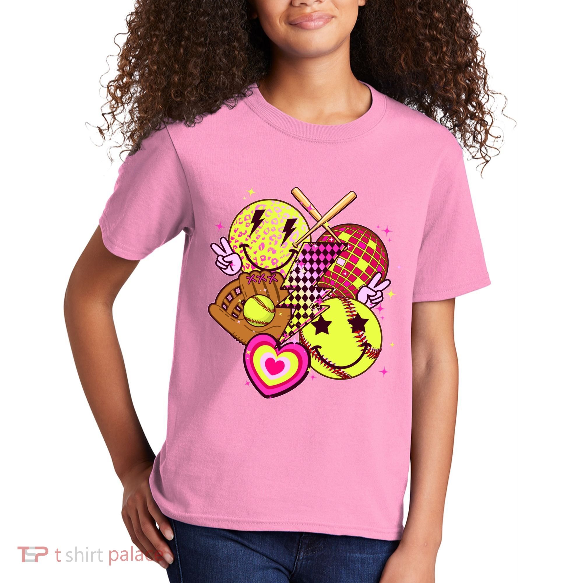 Cute Retro Softball Baseball Smiley Emoji Kids T-Shirt