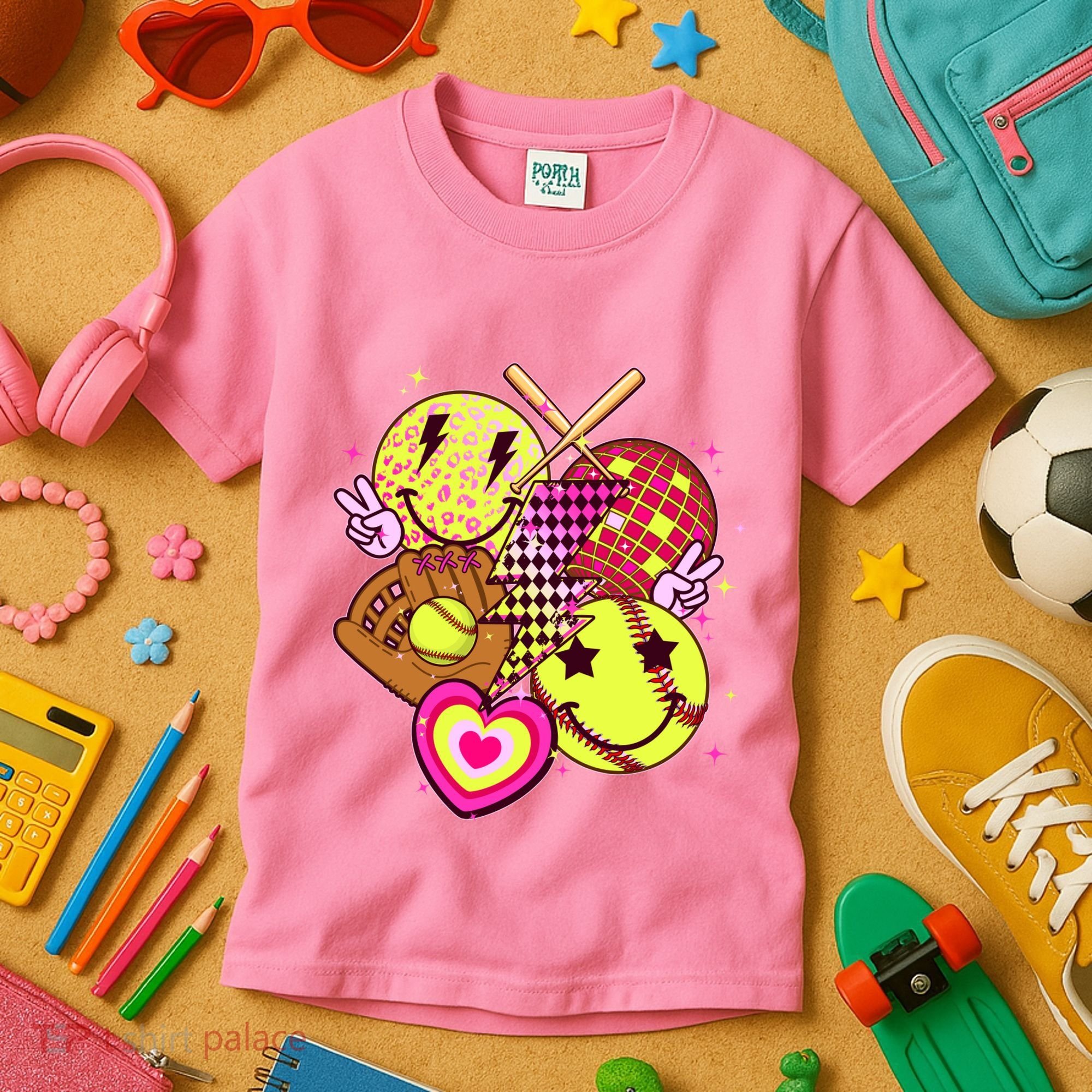 Cute Retro Softball Baseball Smiley Emoji Kids T-Shirt
