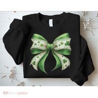 Cute Retro St Patricks Day Lucky Green Shamrock Coquette Bow Sweatshirt thumb 2