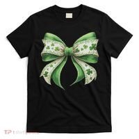 Cute Retro St Patricks Day Lucky Green Shamrock Coquette Bow T-Shirt thumb 0