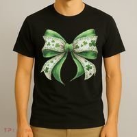 Cute Retro St Patricks Day Lucky Green Shamrock Coquette Bow T-Shirt thumb 3