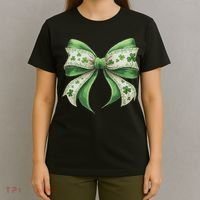 Cute Retro St Patricks Day Lucky Green Shamrock Coquette Bow T-Shirt thumb 4