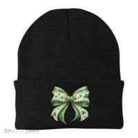 Cute Retro St Patricks Day Lucky Green Shamrock Coquette Bow Beanie thumb 0