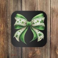 Cute Retro St Patricks Day Lucky Green Shamrock Coquette Bow Coaster thumb 0
