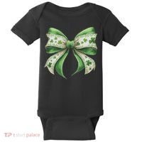 Cute Retro St Patricks Day Lucky Green Shamrock Coquette Bow Baby Bodysuit thumb 0