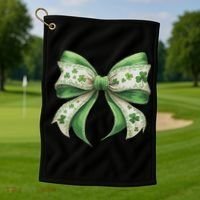 Cute Retro St Patricks Day Lucky Green Shamrock Coquette Bow Golf Towel thumb 1