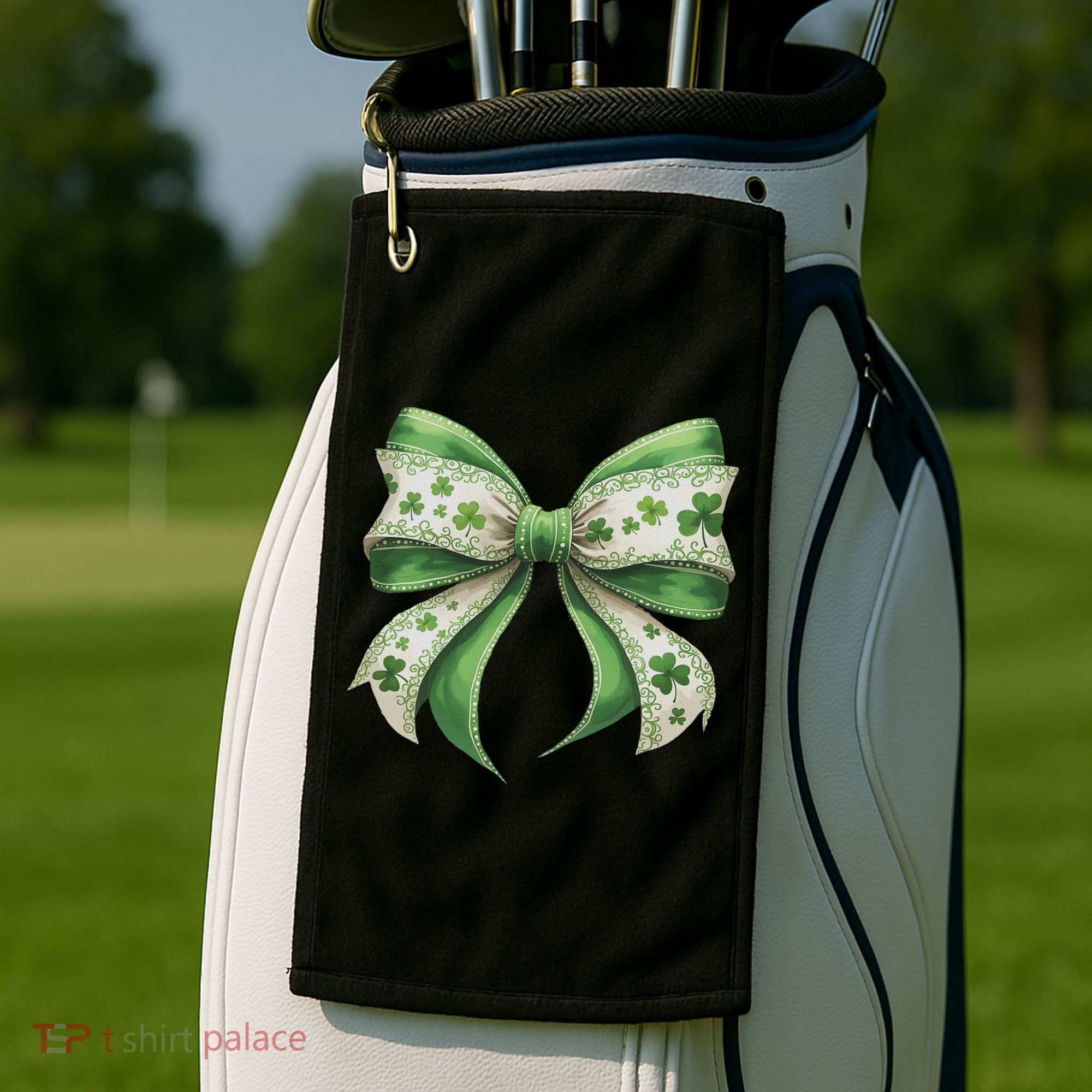Cute Retro St Patricks Day Lucky Green Shamrock Coquette Bow Golf Towel