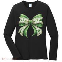 Cute Retro St Patricks Day Lucky Green Shamrock Coquette Bow Women's Long Sleeve Shirt thumb 0